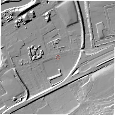 Shaded relief map of the ground around WF102SD, computed from Environment Agency LiDAR. The ground here sits at about 12 m above sea level and falls 33 m across the surrounding 800 m. Surface water reaching this point runs off ground lying to the east, 13.0 m higher.