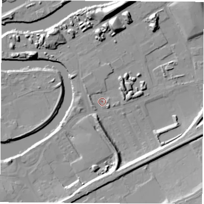 Shaded relief map of the ground around WF102SE, computed from Environment Agency LiDAR. The ground here sits at about 12 m above sea level and falls 18 m across the surrounding 800 m. Surface water reaching this point runs off ground lying to the south, 8.7 m higher.