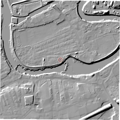 Shaded relief map of the ground around WF102SF, computed from Environment Agency LiDAR. The ground here sits at about 13 m above sea level and falls 13 m across the surrounding 800 m. Surface water reaching this point runs off ground lying to the south, 1.0 m higher.