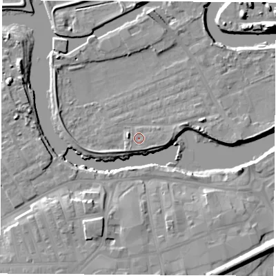 Shaded relief map of the ground around WF102SG, computed from Environment Agency LiDAR. The ground here sits at about 13 m above sea level and falls 13 m across the surrounding 800 m. Surface water reaching this point runs off ground lying to the east-south-east, 1.1 m higher.