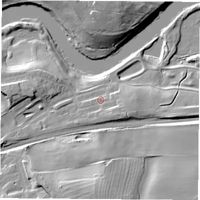 Shaded relief map of the ground around WF102SP, computed from Environment Agency LiDAR. The ground here sits at about 20 m above sea level and falls 27 m across the surrounding 800 m. Surface water reaching this point runs off ground lying to the east-south-east, 5.8 m higher.