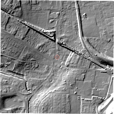 Shaded relief map of the ground around WF105DY, computed from Environment Agency LiDAR. The ground here sits at about 22 m above sea level and falls 24 m across the surrounding 800 m. Surface water reaching this point runs off ground lying to the north-west, 14.3 m higher.