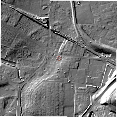 Shaded relief map of the ground around WF105HA, computed from Environment Agency LiDAR. The ground here sits at about 23 m above sea level and falls 30 m across the surrounding 800 m. Surface water reaching this point runs off ground lying to the south-east, 3.9 m higher.
