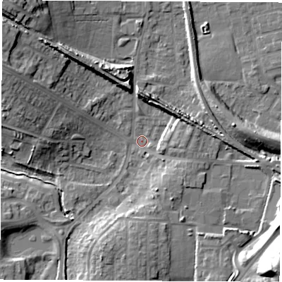 Shaded relief map of the ground around WF105HH, computed from Environment Agency LiDAR. The ground here sits at about 22 m above sea level and falls 25 m across the surrounding 800 m. Surface water reaching this point runs off ground lying to the north-west, 14.0 m higher.