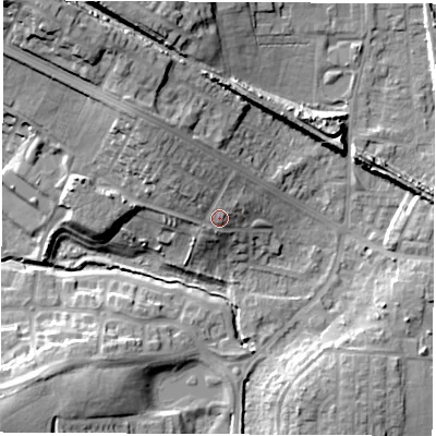 Shaded relief map of the ground around WF105HY, computed from Environment Agency LiDAR. The ground here sits at about 28 m above sea level and falls 22 m across the surrounding 800 m. Surface water reaching this point runs off ground lying to the north-west, 5.2 m higher.