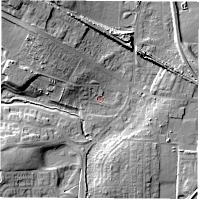 Shaded relief map of the ground around WF105HZ, computed from Environment Agency LiDAR. The ground here sits at about 21 m above sea level and falls 19 m across the surrounding 800 m. Surface water reaching this point runs off ground lying to the north-west, 2.8 m higher.