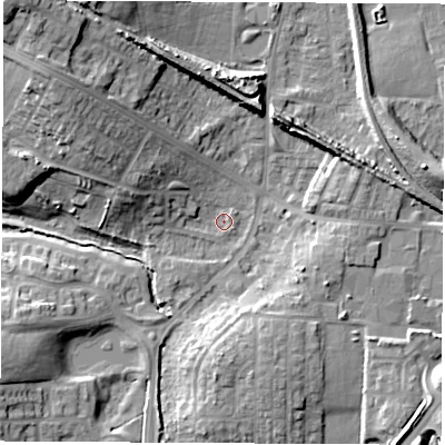 Shaded relief map of the ground around WF105JA, computed from Environment Agency LiDAR. The ground here sits at about 21 m above sea level and falls 18 m across the surrounding 800 m. Surface water reaching this point runs off ground lying to the east-north-east, 0.9 m higher.