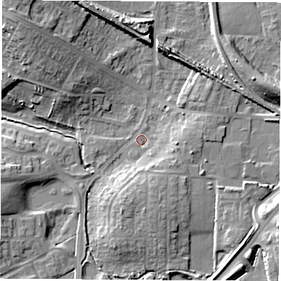 Shaded relief map of the ground around WF105JB, computed from Environment Agency LiDAR. The ground here sits at about 22 m above sea level and falls 16 m across the surrounding 800 m. Surface water reaching this point runs off ground lying to the west-south-west, 7.9 m higher.