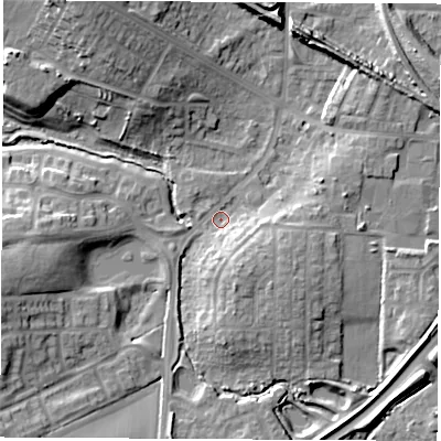 Shaded relief map of the ground around WF105JD, computed from Environment Agency LiDAR. The ground here sits at about 21 m above sea level and falls 15 m across the surrounding 800 m. Surface water reaching this point runs off ground lying to the west-south-west, 9.6 m higher.