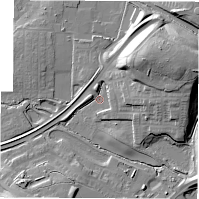 Shaded relief map of the ground around WF105JW, computed from Environment Agency LiDAR. The ground here sits at about 24 m above sea level and falls 29 m across the surrounding 800 m. Surface water reaching this point runs off ground lying to the north-east, 27.7 m higher.