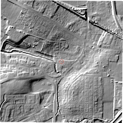 Shaded relief map of the ground around WF105LQ, computed from Environment Agency LiDAR. The ground here sits at about 22 m above sea level and falls 16 m across the surrounding 800 m. Surface water reaching this point runs off ground lying to the north-north-west, 14.5 m higher.