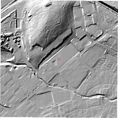 Shaded relief map of the ground around WF105NW, computed from Environment Agency LiDAR. The ground here sits at about 20 m above sea level and falls 26 m across the surrounding 800 m. Surface water reaching this point runs off ground lying to the south-south-east, 1.2 m higher.