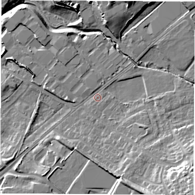 Shaded relief map of the ground around WF105PD, computed from Environment Agency LiDAR. The ground here sits at about 18 m above sea level and falls 19 m across the surrounding 800 m. Surface water reaching this point runs off ground lying to the south-east, 15.7 m higher.
