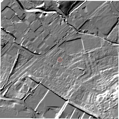 Shaded relief map of the ground around WF105PG, computed from Environment Agency LiDAR. The ground here sits at about 18 m above sea level and falls 20 m across the surrounding 800 m. Surface water reaching this point runs off ground lying to the south-east, 3.3 m higher.