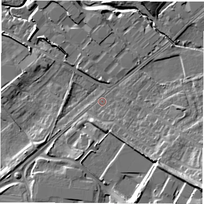Shaded relief map of the ground around WF105PT, computed from Environment Agency LiDAR. The ground here sits at about 18 m above sea level and falls 20 m across the surrounding 800 m. Surface water reaching this point runs off ground lying to the south-south-east, 12.0 m higher.