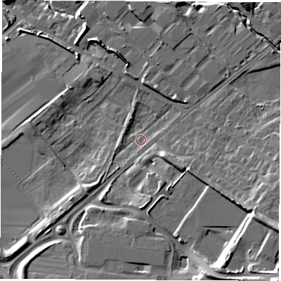 Shaded relief map of the ground around WF105PU, computed from Environment Agency LiDAR. The ground here sits at about 18 m above sea level and falls 20 m across the surrounding 800 m. Surface water reaching this point runs off ground lying to the south-east, 16.7 m higher.