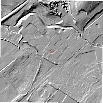 Shaded relief map of the ground around WF105PX, computed from Environment Agency LiDAR. The ground here sits at about 18 m above sea level and falls 22 m across the surrounding 800 m. Surface water reaching this point runs off ground lying to the south-west, 1.9 m higher.