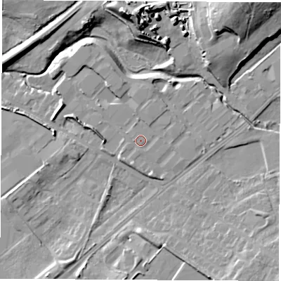 Shaded relief map of the ground around WF105PY, computed from Environment Agency LiDAR. The ground here sits at about 19 m above sea level and falls 23 m across the surrounding 800 m. Surface water reaching this point runs off ground lying to the south-west, 1.9 m higher.