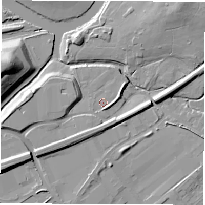 Shaded relief map of the ground around WF105PZ, computed from Environment Agency LiDAR. The ground here sits at about 17 m above sea level and falls 28 m across the surrounding 800 m. Surface water reaching this point runs off ground lying to the south-south-east, 2.6 m higher.