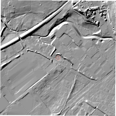 Shaded relief map of the ground around WF105QD, computed from Environment Agency LiDAR. The ground here sits at about 17 m above sea level and falls 22 m across the surrounding 800 m. Surface water reaching this point runs off ground lying to the south-east, 7.9 m higher.