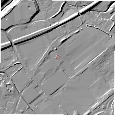 Shaded relief map of the ground around WF105QH, computed from Environment Agency LiDAR. The ground here sits at about 18 m above sea level and falls 13 m across the surrounding 800 m. Surface water reaching this point runs off ground lying to the north, 0.5 m higher.