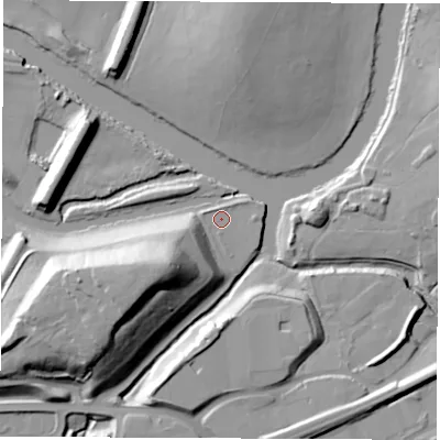 Shaded relief map of the ground around WF105QJ, computed from Environment Agency LiDAR. The ground here sits at about 15 m above sea level and falls 29 m across the surrounding 800 m. Surface water reaching this point runs off ground lying to the south-west, 25.1 m higher.
