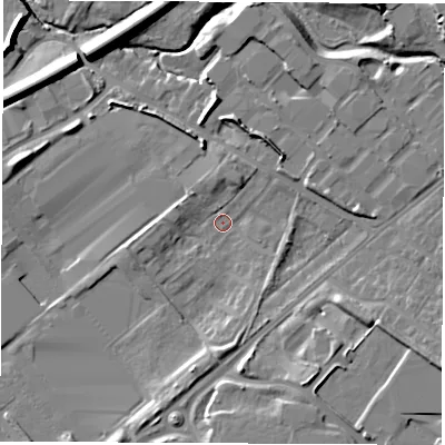 Shaded relief map of the ground around WF105UX, computed from Environment Agency LiDAR. The ground here sits at about 17 m above sea level and falls 14 m across the surrounding 800 m. Surface water reaching this point runs off ground lying to the east-south-east, 8.1 m higher.