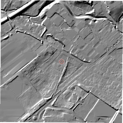Shaded relief map of the ground around WF105UY, computed from Environment Agency LiDAR. The ground here sits at about 17 m above sea level and falls 15 m across the surrounding 800 m. Surface water reaching this point runs off ground lying to the south-east, 11.7 m higher.