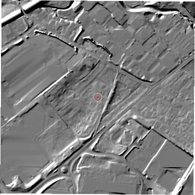 Shaded relief map of the ground around WF105WF, computed from Environment Agency LiDAR. The ground here sits at about 18 m above sea level and falls 16 m across the surrounding 800 m. Surface water reaching this point runs off ground lying to the south-east, 12.5 m higher.
