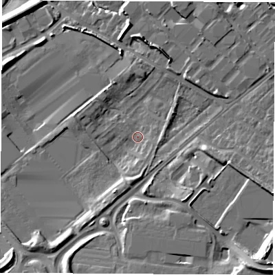 Shaded relief map of the ground around WF105WG, computed from Environment Agency LiDAR. The ground here sits at about 18 m above sea level and falls 16 m across the surrounding 800 m. Surface water reaching this point runs off ground lying to the east-south-east, 8.1 m higher.