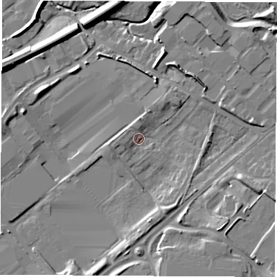 Shaded relief map of the ground around WF105WL, computed from Environment Agency LiDAR. The ground here sits at about 19 m above sea level and falls 12 m across the surrounding 800 m. Surface water reaching this point runs off ground lying to the south-east, 7.6 m higher.