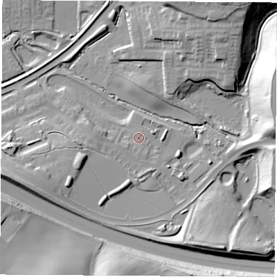 Shaded relief map of the ground around WF105ZD, computed from Environment Agency LiDAR. The ground here sits at about 27 m above sea level and falls 28 m across the surrounding 800 m. Surface water reaching this point runs off ground lying to the south-west, 2.3 m higher.