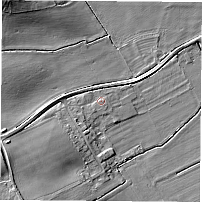 Shaded relief map of the ground around WF110AZ, computed from Environment Agency LiDAR. The ground here sits at about 8 m above sea level and falls 15 m across the surrounding 800 m. Surface water reaching this point runs off ground lying to the west-south-west, 1.9 m higher.
