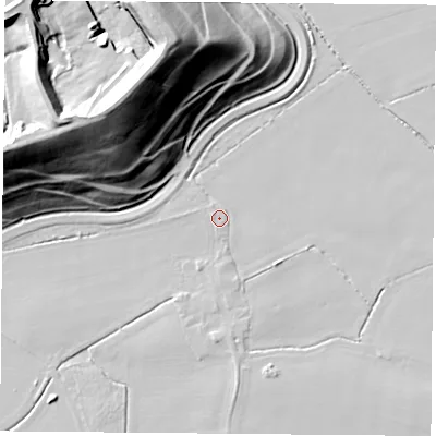 Shaded relief map of the ground around WF110BB, computed from Environment Agency LiDAR. The ground here sits at about 6 m above sea level and falls 52 m across the surrounding 800 m. Surface water reaching this point runs off ground lying to the west, 0.9 m higher.