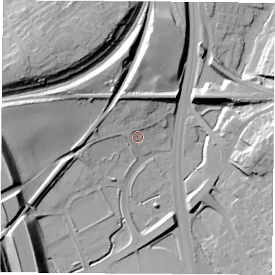 Shaded relief map of the ground around WF110BN, computed from Environment Agency LiDAR. The ground here sits at about 17 m above sea level and falls 32 m across the surrounding 800 m. Surface water reaching this point runs off ground lying to the north-north-west, 11.4 m higher.