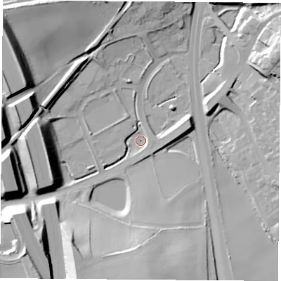 Shaded relief map of the ground around WF110BP, computed from Environment Agency LiDAR. The ground here sits at about 13 m above sea level and falls 29 m across the surrounding 800 m. Surface water reaching this point runs off ground lying to the south-south-west, 22.7 m higher.