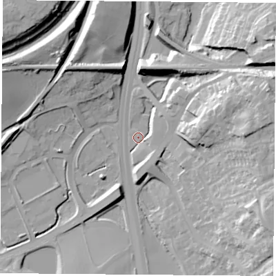 Shaded relief map of the ground around WF110BS, computed from Environment Agency LiDAR. The ground here sits at about 14 m above sea level and falls 28 m across the surrounding 800 m. Surface water reaching this point runs off ground lying to the east, 26.3 m higher.