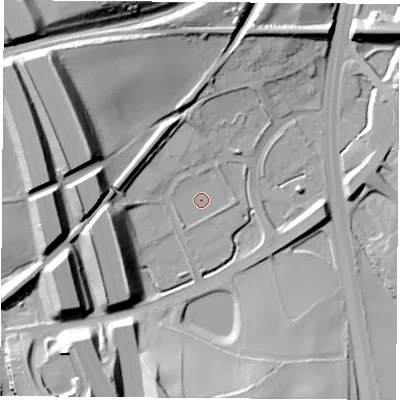 Shaded relief map of the ground around WF110BU, computed from Environment Agency LiDAR. The ground here sits at about 15 m above sea level and falls 31 m across the surrounding 800 m. Surface water reaching this point runs off ground lying to the north-west, 1.2 m higher.