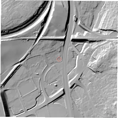Shaded relief map of the ground around WF110BX, computed from Environment Agency LiDAR. The ground here sits at about 14 m above sea level and falls 31 m across the surrounding 800 m. Surface water reaching this point runs off ground lying to the west-south-west, 21.6 m higher.