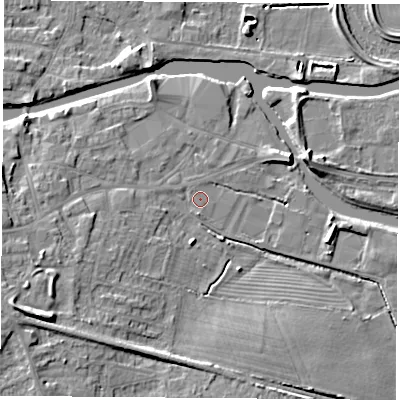 Shaded relief map of the ground around WF118BN, computed from Environment Agency LiDAR. The ground here sits at about 10 m above sea level and falls 12 m across the surrounding 800 m. Surface water reaching this point runs off ground lying to the south, 0.8 m higher.