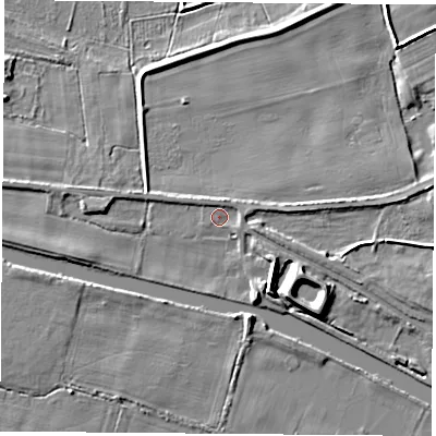 Shaded relief map of the ground around WF118DA, computed from Environment Agency LiDAR. The ground here sits at about 9 m above sea level and falls 8 m across the surrounding 800 m. Surface water reaching this point runs off ground lying to the north-north-east, 1.5 m higher.