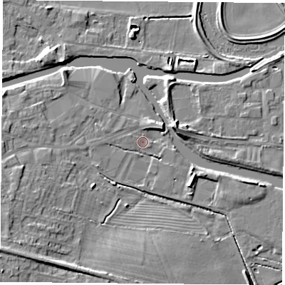 Shaded relief map of the ground around WF118DB, computed from Environment Agency LiDAR. The ground here sits at about 9 m above sea level and falls 9 m across the surrounding 800 m. Surface water reaching this point runs off ground lying to the west-south-west, 4.7 m higher.