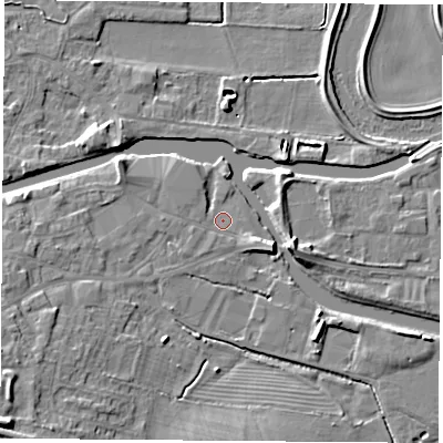 Shaded relief map of the ground around WF118DH, computed from Environment Agency LiDAR. The ground here sits at about 9 m above sea level and falls 11 m across the surrounding 800 m. Surface water reaching this point runs off ground lying to the south-west, 8.5 m higher.