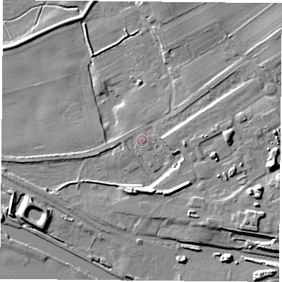 Shaded relief map of the ground around WF118DN, computed from Environment Agency LiDAR. The ground here sits at about 10 m above sea level and falls 17 m across the surrounding 800 m. Surface water reaching this point runs off ground lying to the east, 4.5 m higher.