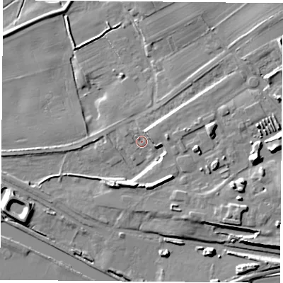Shaded relief map of the ground around WF118DP, computed from Environment Agency LiDAR. The ground here sits at about 10 m above sea level and falls 17 m across the surrounding 800 m. Surface water reaching this point runs off ground lying to the east, 5.8 m higher.