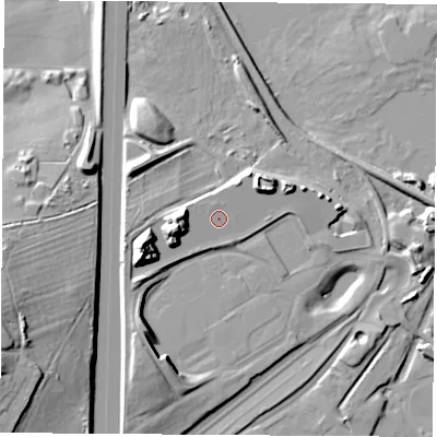 Shaded relief map of the ground around WF118DX, computed from Environment Agency LiDAR. The ground here sits at about 18 m above sea level and falls 25 m across the surrounding 800 m. Surface water reaching this point runs off ground lying to the north-north-west, 0.9 m higher.
