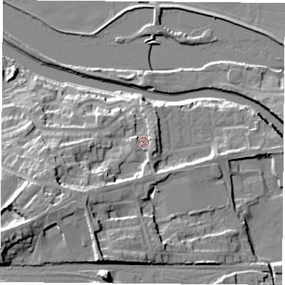Shaded relief map of the ground around WF118HG, computed from Environment Agency LiDAR. The ground here sits at about 18 m above sea level and falls 25 m across the surrounding 800 m. Surface water reaching this point runs off ground lying to the south-west, 11.5 m higher.