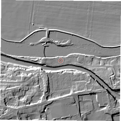 Shaded relief map of the ground around WF118HR, computed from Environment Agency LiDAR. The ground here sits at about 10 m above sea level and falls 23 m across the surrounding 800 m. Surface water reaching this point runs off ground lying to the west, 3.5 m higher.