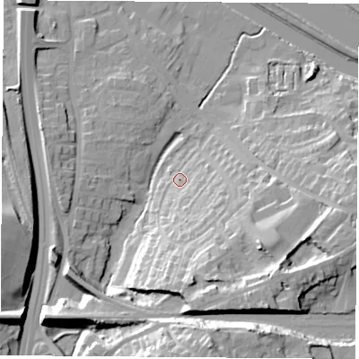 Shaded relief map of the ground around WF118JP, computed from Environment Agency LiDAR. The ground here sits at about 14 m above sea level and falls 29 m across the surrounding 800 m. Surface water reaching this point runs off ground lying to the south-south-east, 15.2 m higher.