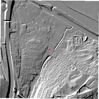 Shaded relief map of the ground around WF118JR, computed from Environment Agency LiDAR. The ground here sits at about 11 m above sea level and falls 25 m across the surrounding 800 m. Surface water reaching this point runs off ground lying to the west-north-west, 1.8 m higher.